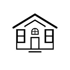 Minimalist House Illustration: Black outline of a simple house with a gable roof, arched window, rectangular windows and a front door, all on a white background.