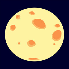Beautiful cartoon moon isolated on dark blue background. There are meteorite craters on moon's surface. Cosmic body. Moonlit night sky. One icon. Flat design. Yellow and orange colors.