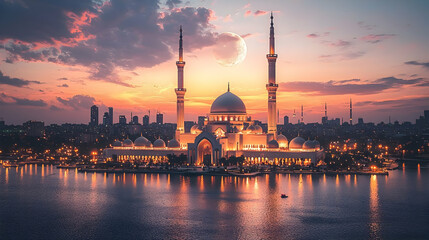 Obraz premium Illuminated Mosque at Sunset Over City Water