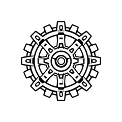 Bold, symmetrical black and white design of a complex gear-like structure with interconnected elements, reminiscent of ancient or mechanical artistry, placed on a white background.