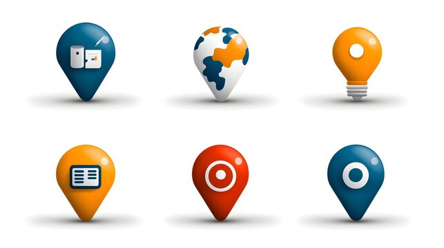 Collection of minimalist map location and information related icons in a pastel color palette designed for mobile apps websites and business presentations