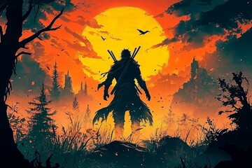 A striking illustration of a samurai and wolf against a sunset backdrop.