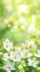 Close-up of white flowers with yellow centers, surrounded by blurred green background, conveying freshness and springtime serenity, ideal for nature or spring themes