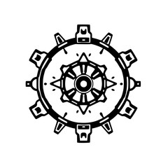 Intricate symmetrical black and white gear design featuring a central star-like element surrounded by radial shapes and an outer ring with rectangular protrusions, perfect for a logo or emblem.