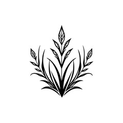 Elegant Black and White Botanical Illustration, Depicting a Symmetrical Floral Design with Leaves and Graceful Stems.