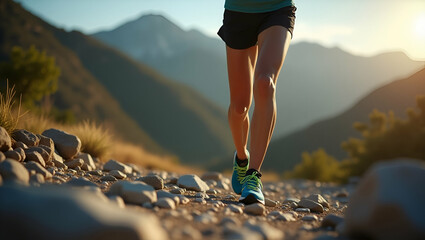 Close-Up of Young Woman Runner's Legs on Rocky Terrain: Showcasing Athleticism, Endurance, and Active Lifestyle in Challenging Outdoor Conditions - Stock Photo Concept
