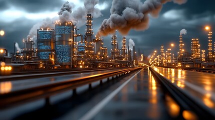 Sprawling futuristic oil refinery at night with soaring towers and facades covered in glowing lights and data advanced and robotic arms coordinating autonomous under a dramatic cinematic lighting