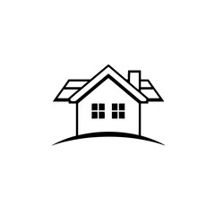 Minimalist black and white illustration of a house on a curved base, featuring chimney and square windows on plain white background.