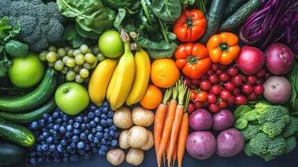 A vibrant rainbow of fruits and vegetables, showcasing the diversity in colors for healthy eating and dieting, with each color representing different types of fresh produce including green apples, yel