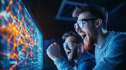 Exciting team collaboration office space digital display technology environment close-up view data analysis concept