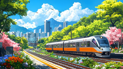 Naklejka premium Modern Train on Scenic Railway Track Through Vibrant Cityscape