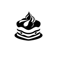 Monochromatic Cake Icon: Layered Dessert with Creamy Topping, Presented Against a White Background, Minimalist Design.