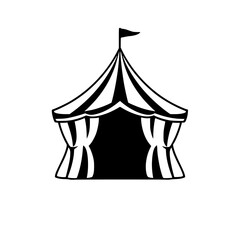 Silhouette of a classic circus tent with striped roof, open front, and flag on top, set against a pure white background.