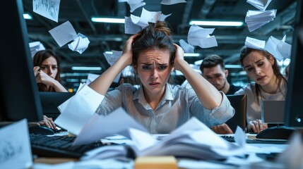 Overwhelmed office workers facing paperwork chaos modern workplace stock photo indoor frustration concept