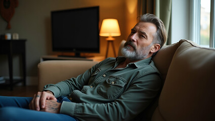 Fototapeta premium Dreamy Relaxed Mature Tattooed Hipster Man Reflects at Home: A Stylish Mid-Aged Bearded Guy's Pensive Moments on the Couch in a Cute Vector Illustration