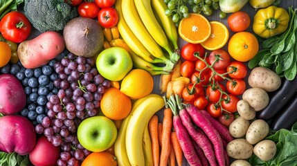 A vibrant rainbow of fruits and vegetables, showcasing the diversity in colors for healthy eating and dieting, with each color representing different types of fresh produce including green apples, yel
