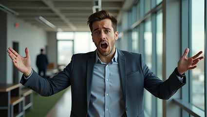 Fototapeta premium Flat Vector Illustration of a Puzzled Young Man in a Modern Setting: Expressing Confusion and Frustration with Arms Outstretched - Cute and Smart Business Concept