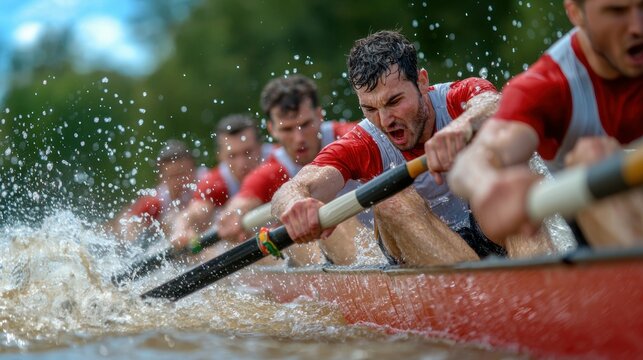 Rowing team in perfect synchronization on a river sports photography dynamic nature environment close-up view