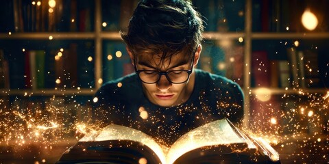 A boy is reading a book with a glowing effect around him