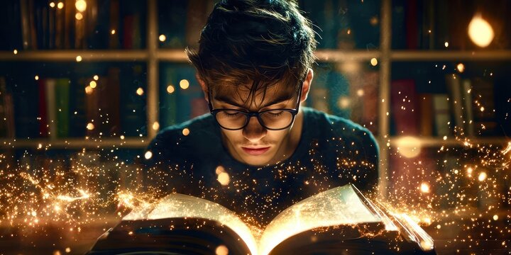 A boy is reading a book with a glowing effect around him