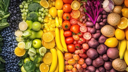 A vibrant rainbow of fruits and vegetables, showcasing the diversity in colors for healthy eating and dieting, with each color representing different types of fresh produce including green apples, yel