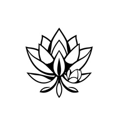 Black and white stylized lotus flower, center focus, minimalist graphic design with high contrast, and symmetrical arrangement on a white backdrop.