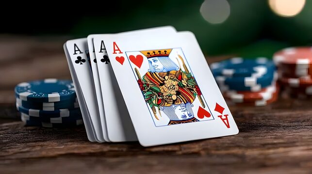 Vintage playing cards featuring ornate regal designs with florals and scepters laid out on a weathered wooden table in a gaming or casino environment - Powered by Adobe