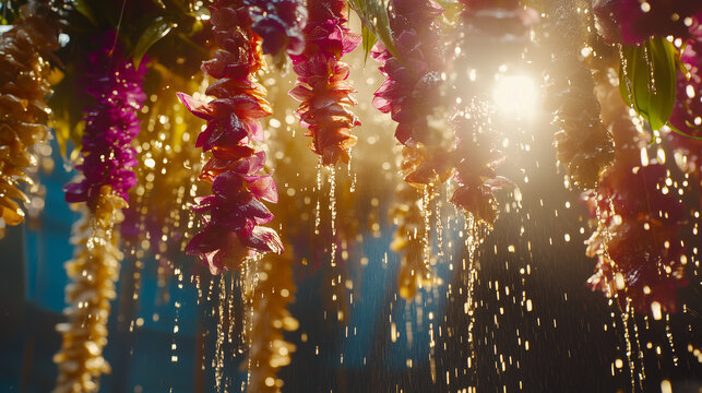 A close-up of vibrant floral garlands during Thai Songkran Festival, with water droplets streaming, warm sunlight reflecting and a blurred lively blue and gold background creating a festive and refres