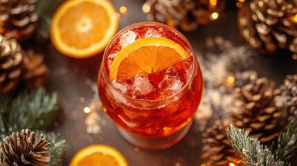 Alcohol-free aperol spritz flavored cold drink garnished with orange slice and pine cones.