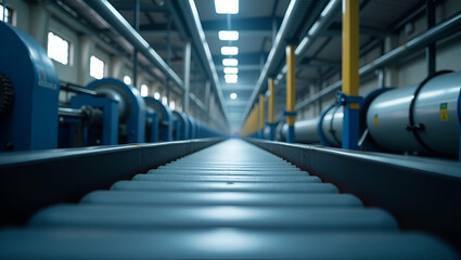 Fototapeta premium Conveyor Belt in Modern Industrial Facility: Machinery & Pipes Showcase