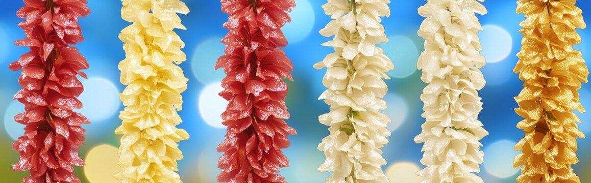 A close-up of vibrant floral garlands during Thai Songkran Festival, with water droplets streaming, warm sunlight reflecting and a blurred lively blue and gold background creating a festive and refres
