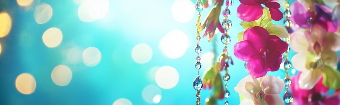 A close-up of vibrant floral garlands during Thai Songkran Festival, with water droplets streaming, warm sunlight reflecting and a blurred lively blue and gold background creating a festive and refres