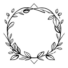 Minimalist Black and White Floral Wreath Design with Leafy Vines and Geometric Accents, Ideal for Invitations, Cards, and Nature-Themed Decor.