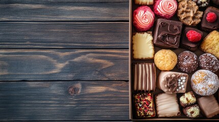 Naklejka premium Assorted sweet treats in box on wooden backdrop with empty space.