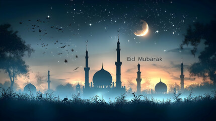 Nighttime Silhouette of Mosques Against Starlit Sky with Crescent Moon, Eid Mubarak
