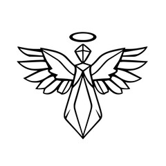 Geometric Angel Illustration in Minimalist Black and White, Featuring Stylized Wings, Halo, and Diamond-Shaped Body