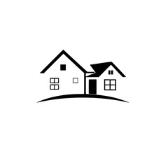Minimalist Black & White House Logo on a Hill: Modern Real Estate Symbol, Clean Design on White Background.