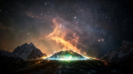 Majestic Mountain Landscape Under a Starry Sky with Colorful Nebula