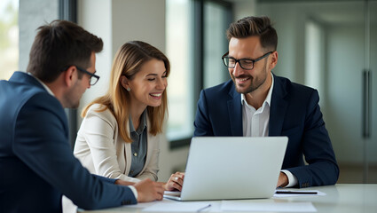 Fototapeta premium Flat Business team happy busy executives working together using laptop in office young business woman manager showing presentation to mature man investor consulting client partner at work meeting conc