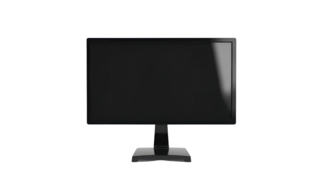 Modern black computer monitor showing blank screen on transparent background