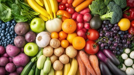 A vibrant rainbow of fruits and vegetables, showcasing the diversity in colors for healthy eating and dieting, with each color representing different types of fresh produce including green apples, yel