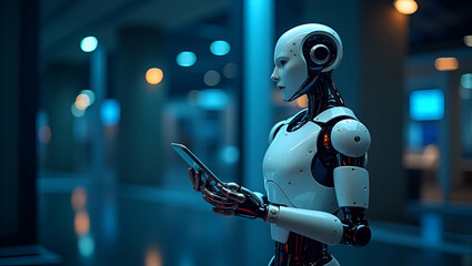 Fototapeta premium Revolutionizing Technology: Flat AI Tools for Smart Robots and Advanced Artificial Intelligence Innovations in Global Connectivity and Online Data Access - A Cute Vector Illustration