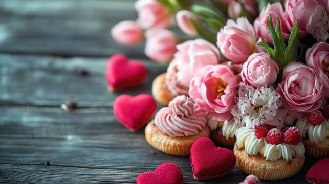Beautiful bouquet and sweets: Heart-shaped pastries and pink flowers on wooden table. Perfect for Mother's Day and weddings.