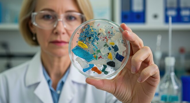 Scientist holds a petri dish filled with colorful microplastics while analyzing marine pollution
