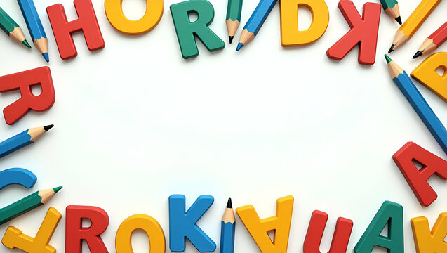 Colorful Flat International Literacy Day Border Frame with Alphabet Letters and Pencils - Emphasizing Foundational Literacy Skills with Custom Text Space