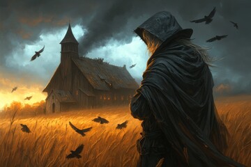 A gothic depiction of a mysterious farm under a stormy sky, with darkened fields and a scarecrow that seems alive, surrounded by crows in mid-flight
