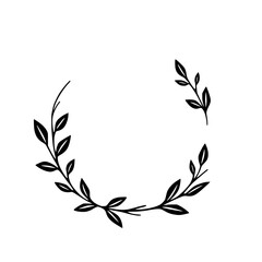 Simple Black Botanical Wreath Illustration, Featuring Elegant Leaves and Stem Arrangement on a Clean White Background.