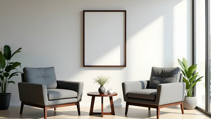 Obraz premium Stylish Flat Picture Frame with Upholstered Furniture: Elevate Your Professional Workspace and Office Decor with Cute Vector Illustrations for a Smart Business Tone
