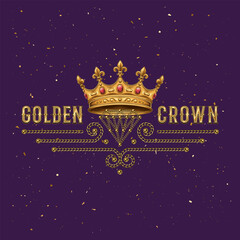 Horizontal label with golden crown, fleur de lis sign, jewelry chains, text. Detailed composition in vintage style.