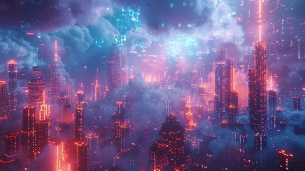 Fototapeta premium high-tech city where buildings are made of digital clouds, data streams connecting everything,